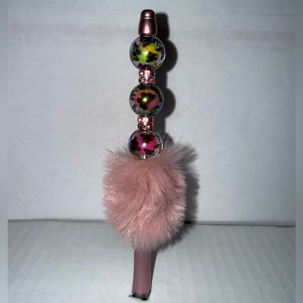Handmade Beaded Pen-  Butterfly Resin Beads with Pink Fur base